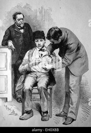La vaccination contre la rage par le professeur Pasteur à Paris, France illustration historique, vers 1886 Banque D'Images