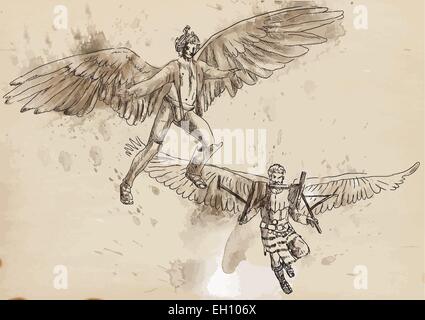 Un hand drawn vector illustration. Dans la mythologie grecque, ICARE est le fils du maître artisan DAEDALUS. Illustration de Vecteur