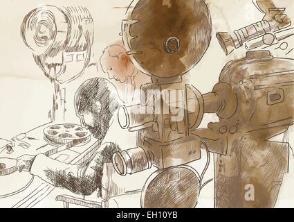 (Cinéastes :) Le film : de l'environnement travailler dans la salle de montage. Un hand drawn vector illustration. Illustration de Vecteur