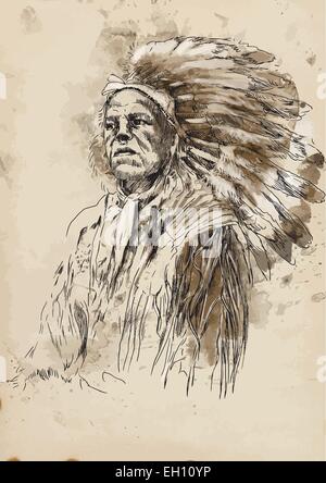 Un hand drawn vector illustration. Portrait d'un chef indien. Illustration de Vecteur