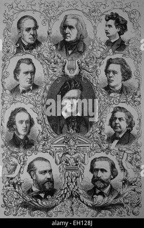 Compositeurs bien connus du 19ème siècle : Richard Wagner, Franz Liszt, Daniel François Esprit Auber, Edvard Grieg, H. Johannes Brahms, Anton Rubinstein, Felix Mendelsohn-Bartholdy, Niels W. Gade, Chrles Gounod, Giuseppe Verdi Banque D'Images