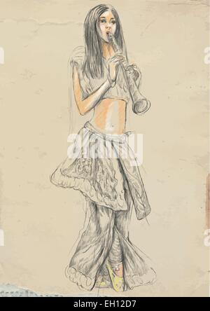 Un vecteur dessiné à la main. Thème : Musique et musiciens. Joueur de clarinette - une jolie femme joue de la clarinette. Un converti à la main Illustration de Vecteur