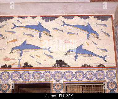 Fresque des dauphins, Bath Hall, Palais Minoen de Knossos, Rethymnon (Rethymno), Région de Rethymnon, Crète (Crète), Grèce Banque D'Images