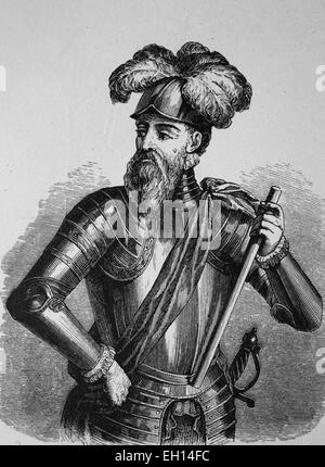 Francisco Pizarro Gonzalez, 1476 - 1541, le conquistador espagnol qui a conquis le royaume des Incas, gravure sur bois de 1880 Banque D'Images