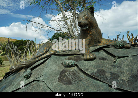 Animal, léopard, dérive de Rorke, Afrique du Sud, sculpture sur boucliers de guerre, mémorial, guerriers zoulou tués, bataille historique, lieux du monde, champ de bataille Banque D'Images