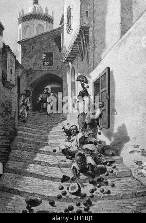 Scène de rue à Alger, Algérie, illustration historique, 1877 Banque D'Images