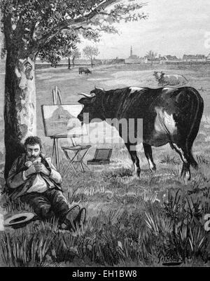 Peinture vache léchant un alors que le peintre est en train de dormir, tableau historique, à propos de 1893 Banque D'Images