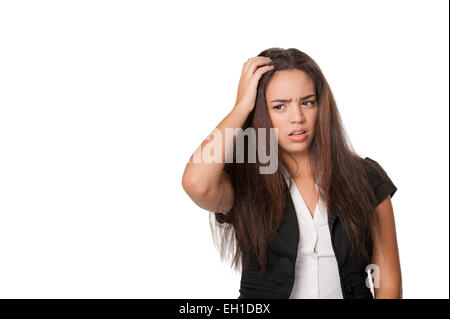 Portrait de jeune femme perplexe, isolated on white Banque D'Images