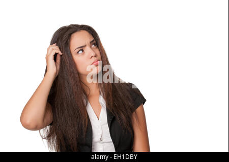 Portrait de jeune femme perplexe, isolated on white Banque D'Images