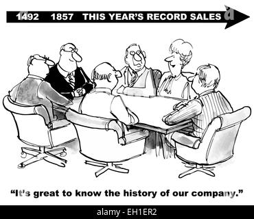 Caricature de réunion d'affaires et un calendrier montrant les ventes record atteint cette année ; grand de savoir histoire de notre société. Illustration de Vecteur
