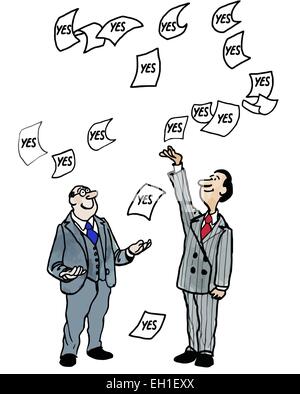 Caricature de deux hommes d'affaires qui sont heureusement entouré par oui. Illustration de Vecteur