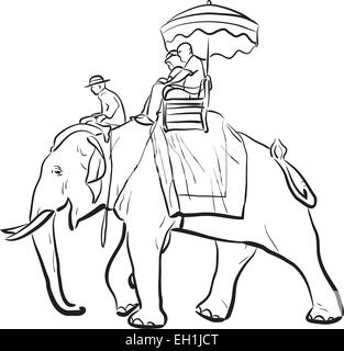 Croquis de vecteur modifiable les touristes à cheval sur un éléphant d'Asie avec mahout Illustration de Vecteur