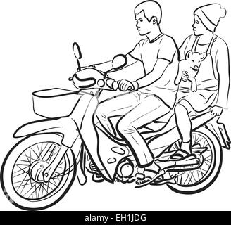 Croquis de vecteur modifiable deux personnes et un chiot sur une moto Illustration de Vecteur