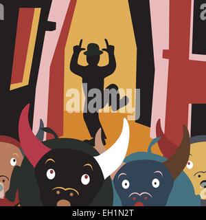 Cartoon vector modifiables illustration de taureaux échapper à un homme dans un festival de rue Illustration de Vecteur