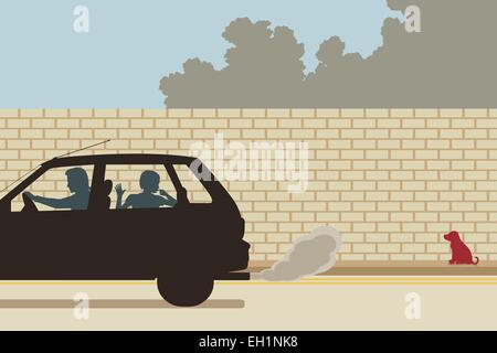 Illustration vectorielle modifiable d'un chiot d'être abandonné par une famille en voiture Illustration de Vecteur