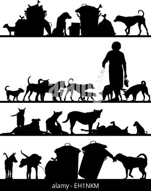 Ensemble de premier plan vectoriel éditable silhouettes de chiens errants à Bangkok avec tous les chiffres en tant qu'objets séparés Illustration de Vecteur