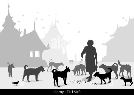 Illustration vectorielle modifiable d'une femme se nourrir les chiens errants dans un temple bouddhiste où de nombreux animaux abandonnés finissent par Illustration de Vecteur