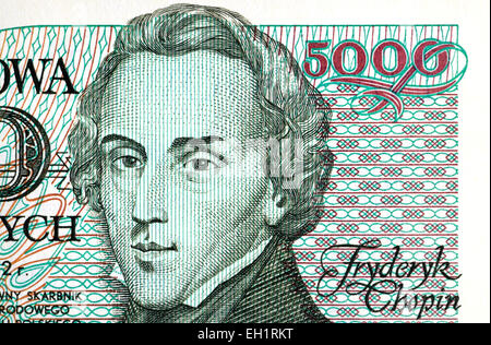 Détail d'un polish 5000zl portrait billet de Frédéric / Frédéric Chopin. (1810-1849) compositeur né polonais : Banque D'Images