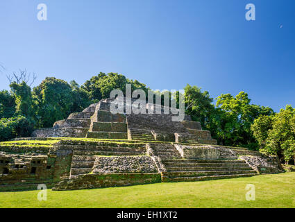 Temple de Jaguar à Lamanai, ruines mayas, rainforest près d'Indian Church village, district d'Orange Walk, Belize Banque D'Images