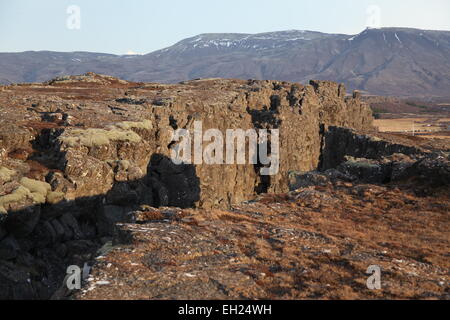 Rocks en couches dans la fissure de la croûte de la terre mid Atlantic ridge Le Parc National de Thingvellir Islande Banque D'Images