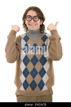 Geek man passe Thumbs up, isolated on white Banque D'Images