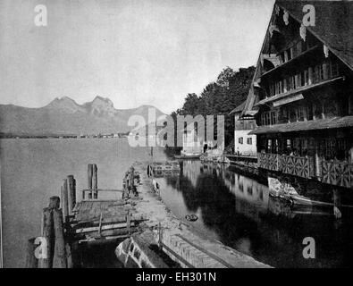 Une des premières photographies d'Autotype d'un quai pour les bateaux à vapeur sur le lac de Lucerne, Suisse, Treib, vers 1880 Banque D'Images