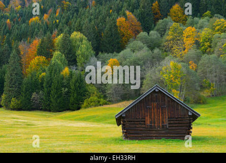 Grange à foin à l'automne près de Garmisch-Partenkirchen, Werdenfelser Land, Upper Bavaria, Bavaria, Germany Banque D'Images