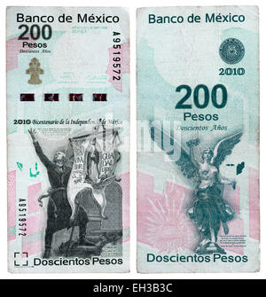 Billet de 200 pesos, Miguel Hidalgo et statue de l'Ange de l'indépendance, le Mexique, 2010 Banque D'Images