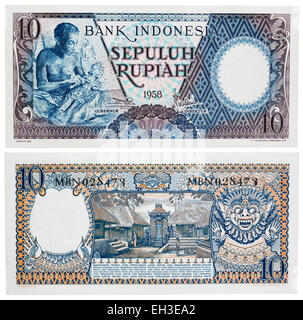 Billet de 10 roupies, sculpteur sur bois balinais, l'Indonésie, 1958 Banque D'Images