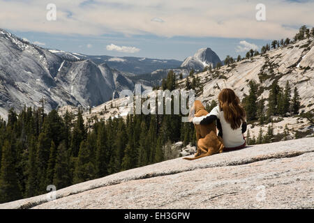 Jeune femme et son chien profitant d'une vue sur la région de Yosemite National Park, California, USA Banque D'Images