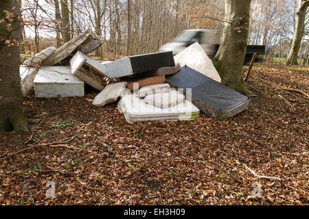 Camion benne durs passé Lits et matelas fly penche en zone boisée, au Royaume-Uni. 03/03/15 non aiguisé Banque D'Images