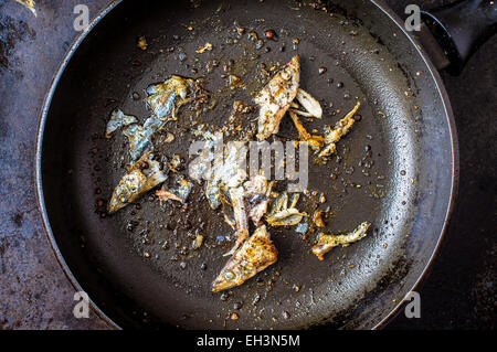 Poêle avec les restes d'une friture de poissons Banque D'Images