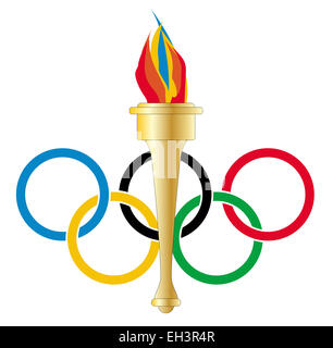 Anneaux de style olympique avec une torche de style olympique avec la flamme sur un fond blanc Banque D'Images