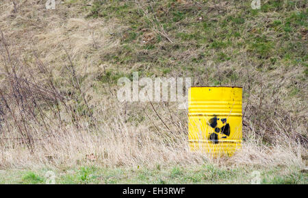 Salzgitter, Allemagne. Feb 17, 2015. Un symbollic rusty tonneau vide pour les déchets nucléaires se tient près des locaux de l'chacht "déchets nucléaires" (Konrad Konrad) Puits de mine de Salzgitter, Allemagne, 17 février 2015. La mine désaffectées sont transformées en un dépôt de déchets nucléaires d'une capacité de dépôt jusqu'à 303 000 mètres cubes de niveau faible à moyennement radioactifs à une profondeur d'environ 1000 mètres. Chacht "Konrad" est le seul référentiel approuvé selon la législation nucléaire jusqu'à présent. Photo : Spata Ole/dpa/Alamy Live News Banque D'Images