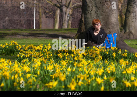 Londres, 6 mars 2015. Les Londoniens et les touristes profiter de la chaleur du soleil à St James's Park que les jonquilles fleurissent, annonçant l'approche du printemps. Sur la photo : Dix-huit ans, Ellen Oort, visiter Londres du Queensland en Australie se détend entre les jonquilles comme le soleil réchauffe son visage. Crédit : Paul Davey/Alamy Live News Banque D'Images