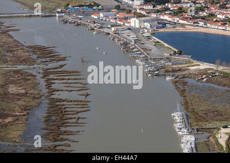 En France, en Vendée, L'Aiguillon sur Mer, le port sur le fleuve laïcs (vue aérienne) Banque D'Images