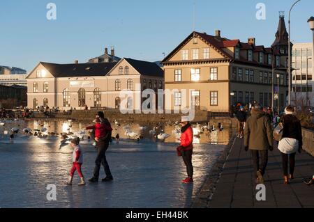 L'Islande, Reykjavik, Reykjanes, lac gelé Tjornin Banque D'Images