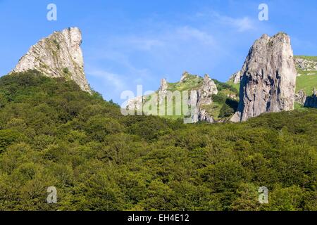 France, Puy de Dome, Chambon sur Lac, Parc naturel régional des volcans d'Auvergne, massif du Sancy, la réserve naturelle de la Vallée de Chaudefour, à gauche le rocher de l'CrΩte de coq et dans la droite le rocher de la dent de la rancune Banque D'Images
