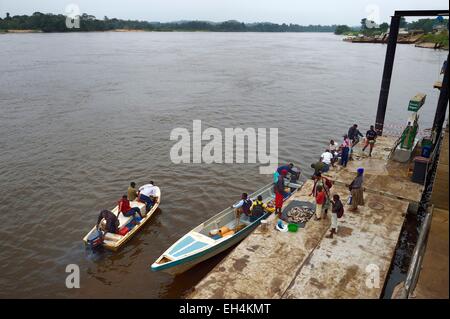 Le Gabon, Moyen-Ogooue Province, le fleuve Ogooue, la vente du poisson en canots à Lambaréné port Banque D'Images