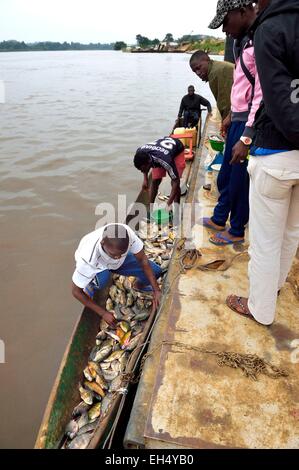 Le Gabon, Moyen-Ogooue Province, le fleuve Ogooue, la vente du poisson en canots à Lambaréné port Banque D'Images