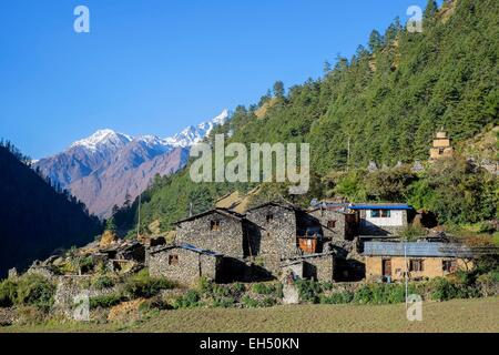 Le Népal, Gandaki zone, Tsum valley trek, Chumling (alt.Agrément 2386m) village bouddhiste Banque D'Images