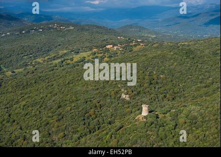 France, Corse du Sud, entre Ajaccio et Propriano, Serra di Ferro, tour du village de Campannella (vue aérienne) Banque D'Images