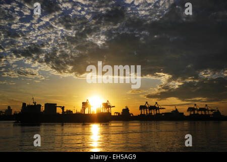 Silhouette d'entrepôt portuaire avec conteneurs et crane bridge Banque D'Images