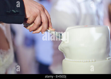 Couper le gâteau de mariage Banque D'Images