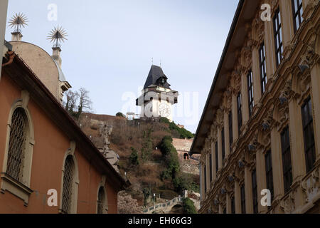 Schlossberg (Colline du Château), randonnée à Graz. Inscrit au patrimoine mondial de l'UNESCO à Graz, Autriche, le 10 janvier 2015. Banque D'Images