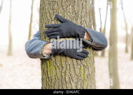 Un écologiste adopte un arbre à démontrer, c'est l'amour pour la nature et l'environnement. Banque D'Images