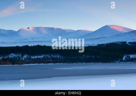 Coucher du soleil d'hiver des rives du Loch Morlich à Aviemore, Écosse, Royaume-Uni, Cairngorms Banque D'Images