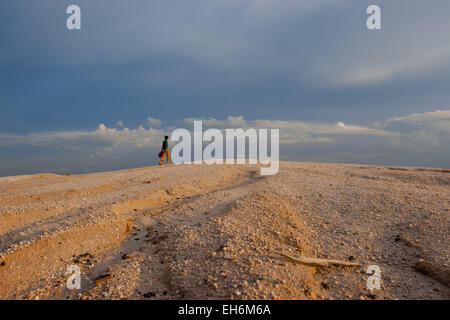 Petit mineur aurifère qui descend une lune dans une zone aurifère à petite échelle à Hampait, Katingan, Kalimantan central, Indonésie. Banque D'Images