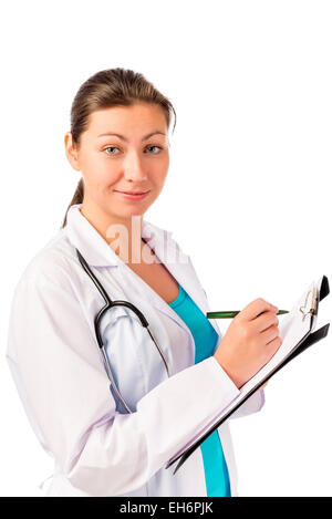 Belle brune en tenue d'ambulancier avec documents Banque D'Images