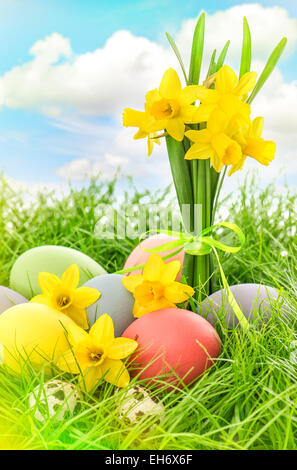 Les oeufs de Pâques et les jonquilles fleurs dans l'herbe verte plus nuageux ciel bleu. Retro style tonique photo avec pénétration de la lumière Banque D'Images